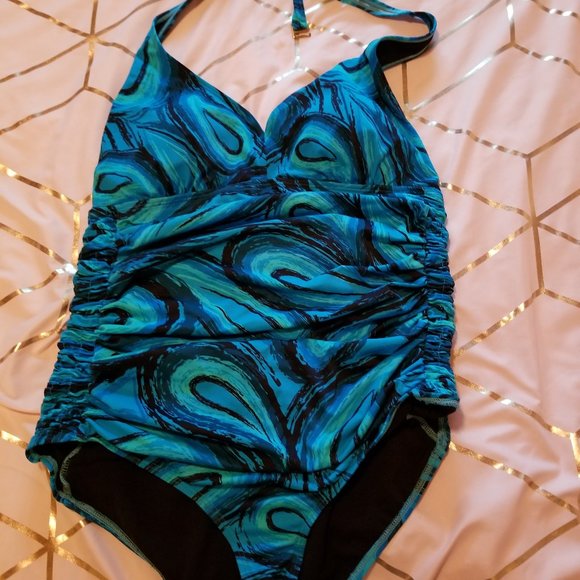 Blue Multi Color Halter One Piece Bathing Suit - Picture 1 of 5